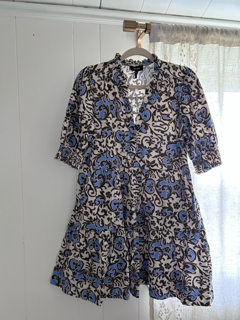 ME+EM Blue and Black Floral Scroll Tiered Mini Dress